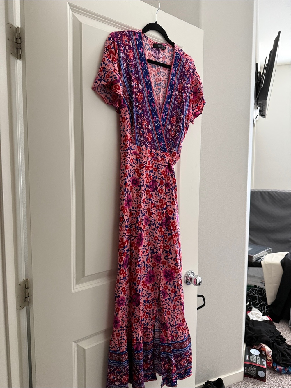Pink Floral V-Neck Maxi Dress with Blue Trim